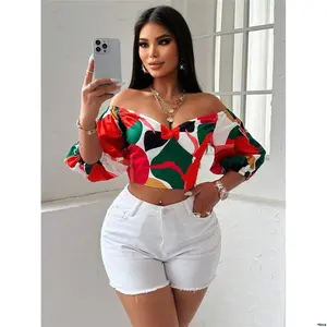 - The SOLERSUNFloralPrintOff - ShoulderPuffSleeveCroppedBlouseForNewYearClothes ShortSleeveTops