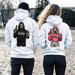 Wifey & Hubby Ghostface Halloween Couple Matching Hoodies Graphic Hoodie Pullover Hooded Sweatshirt for Women for Men, Perfect Gift