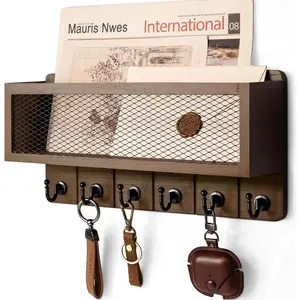 Farmhouse Key Holder for Wall with Mail Storage Basket : Decorative Wall Mount Organizer with 6 Sturdy Wall Hooks and Wooden Key Rack - Rustic Home Decor (Retro Brown)