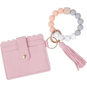 Keychain Wallet Wristlet, Credit Card Holder Purse with Tassel & Beads, Multifunctional Key Chain Bracelet Bangle for Women, Hands-Free Everyday Essential, Cute Small Wallet – Llavero Monedero