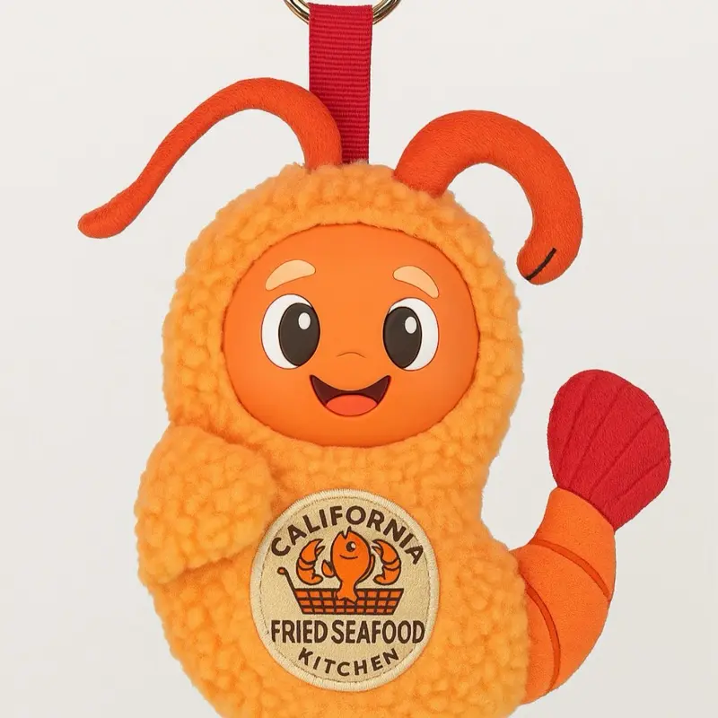 California Fried Seafood Kitchen Shrimpy Key Chain Plushie with Orange Color and Red Ribbon