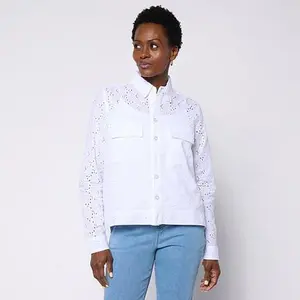 Hue Button-Front Cotton Eyelet Topper