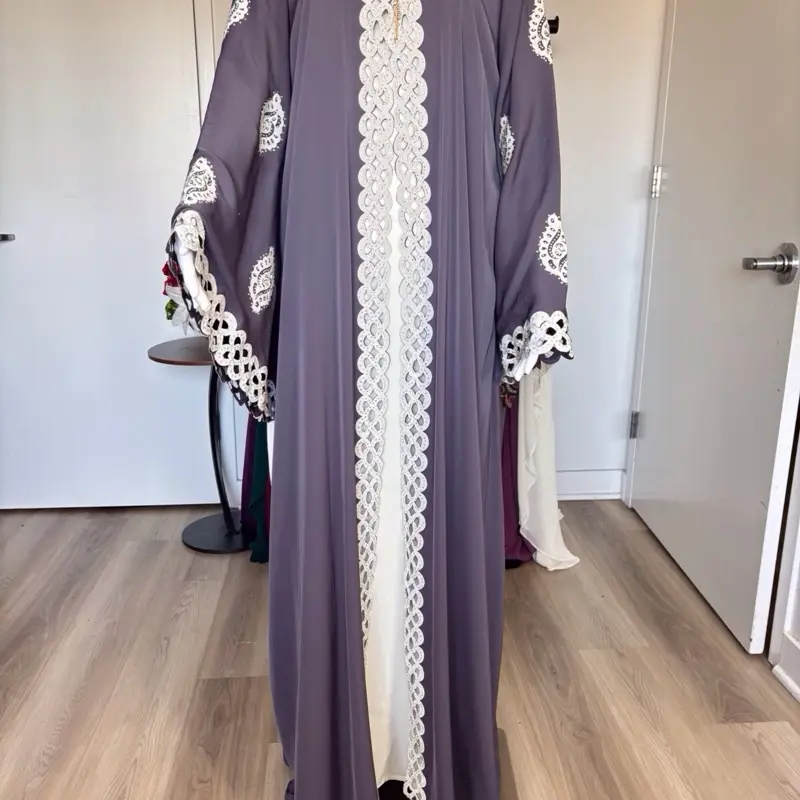Women's Embroidered Silk Abaya with Attached Inner Dress, Kimono-Style Chic Gown with Cowl Neck and Long Sleeve for Eid and Ramadan, Flare, Elegant, Ramadan Formal Wear, All Seasons, Belted, Inner Dress Built, Full Length