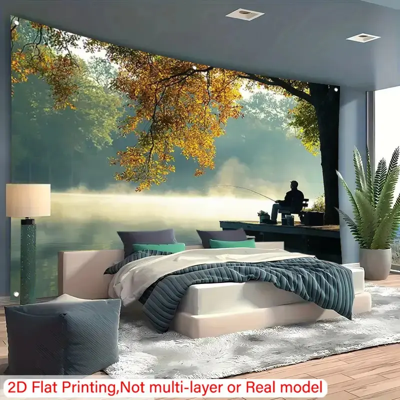 1pc Extra Large Nature Landscape Tapestry - Serene Autumn Tree & Lake Fishing Scene, Durable Polyester Fabric, Ideal for Garden, Patio Decor, Perfect Gift for Outdoor Enthusiasts, Home Decor Tapestry