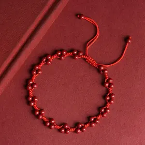 Cinnabar Red Rope Braided Anklet Simple Women's Lucky Adjustable Zodiac Round Bead Low Content Anklet