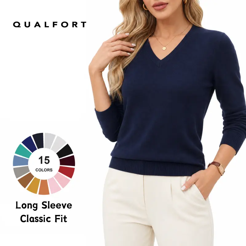 QUALFORT Women's Chic Pullover Sweater in Lightweight Smooth Knitwear, Regular Fit Hip Length Top for Everyday Business Casual, Basic, Soft, Tops, Sheer, Style, Long Sleeve