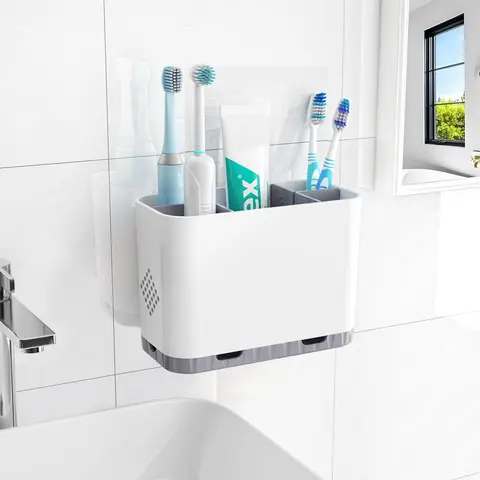 Bathroom Countertop Toothbrush & Toothpaste Holder Set - Plastic, Durable, Multifunctional, 5-Slot Detachable Wall-Mounted Organizer with Adhesive Strips, Removable Dividers, Drain-Dry Holes for Kids' Electric Toothbrushes