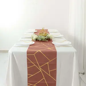 Polyester Table Runner 9ft Terracotta (Rust) - Gold Foil Geometric Pattern