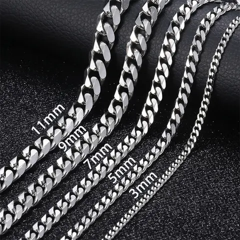 Hermah Men's Curb Chain Necklace Silver Stainless Steel Cuban Link for Male Female Trend Jewelry Valentine's Gift