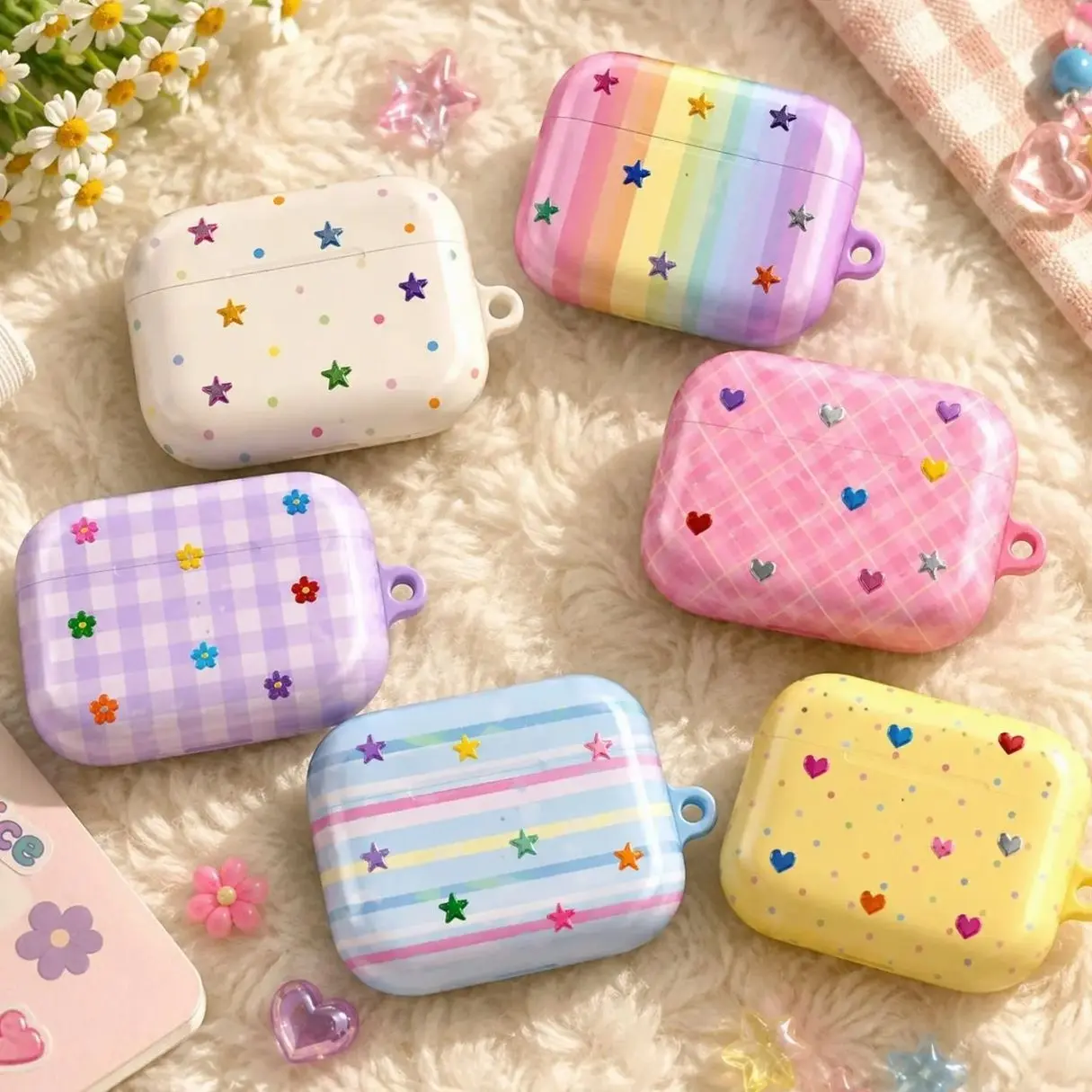 Colorful Checkered Airpods Case, Colorful Stars Stripped Earbud Cover, Cute Gingham Stars Case Protective for AirPods 4 3 Pro 2