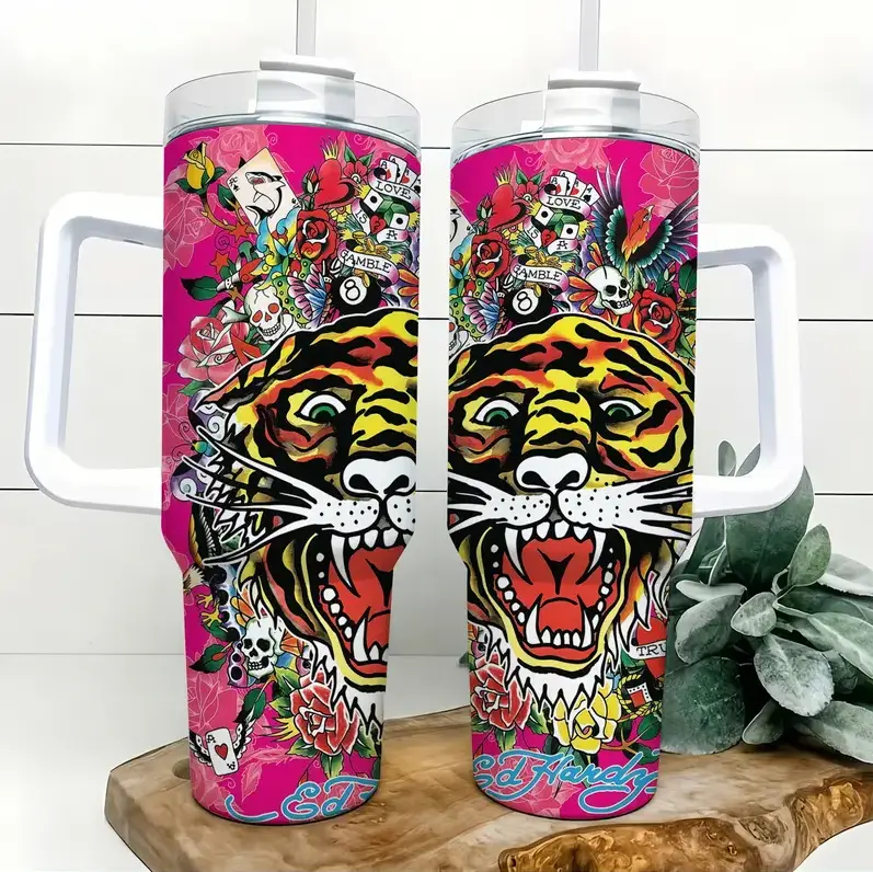 [3d's Hardy's Tattoo Art, Y2K Vintage Aesthetic & Streetwear Culture] 40oz Tattoo Tiger Rose Skull Stainless Steel Tumbler with Handle, Insulated Travel Mug with Lid & Straw - Tattoo Fan Gift