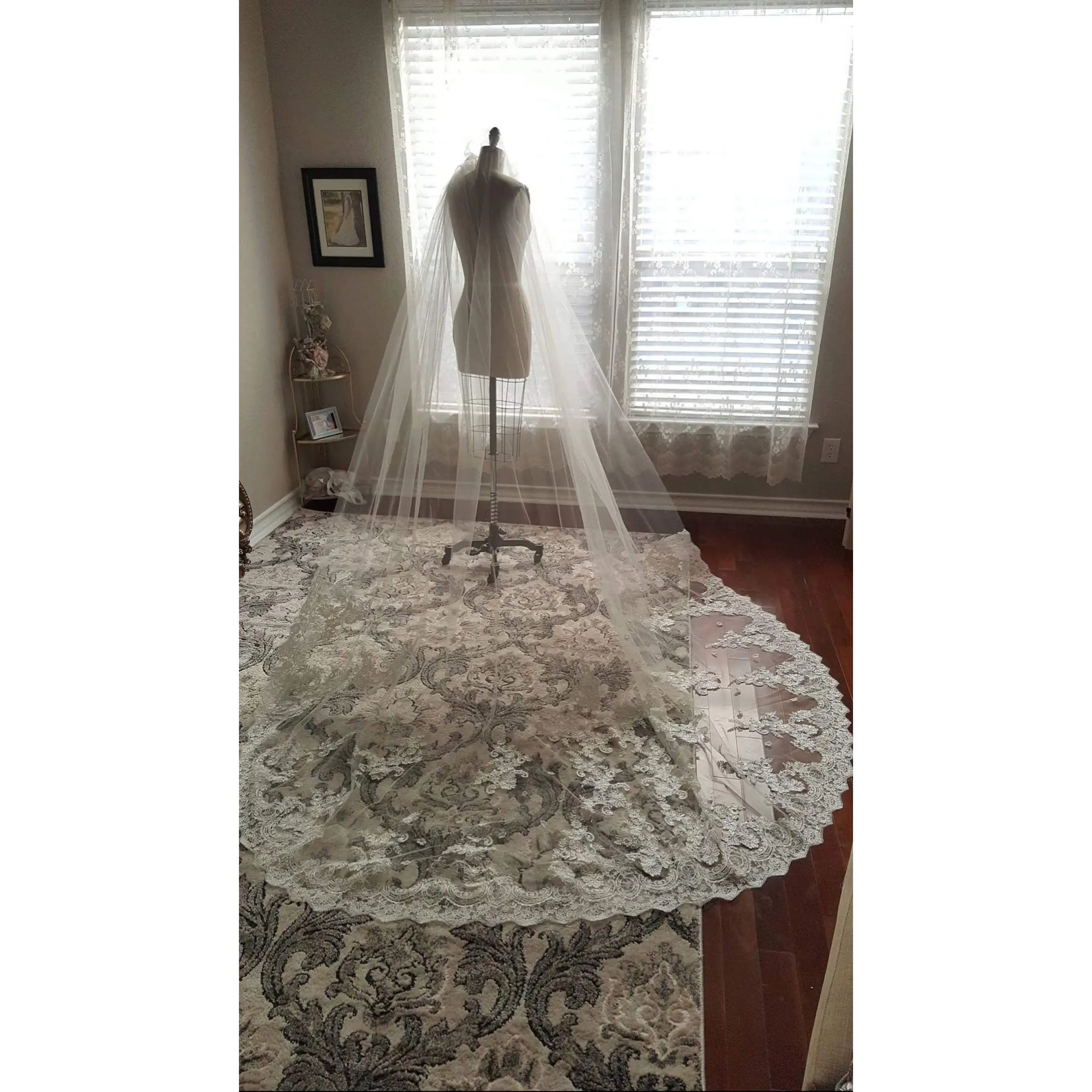 Scalloped Lace Cathedral Veil with Comb, Style CV17 Made-to-Order Lace Drop Trailing Veil, Fashion Accessory for Dressmaking, Lace Drop Veil