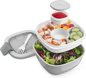 Salad Container - 54 Oz Bowl with 4-Compartment Toppings Tray, Leak-Proof Dressing Container, Reusable Fork, Bpa-Free Lunch Box for Meal Prep & Food Storage; Removable Bento Tray (Gray) Bentgo