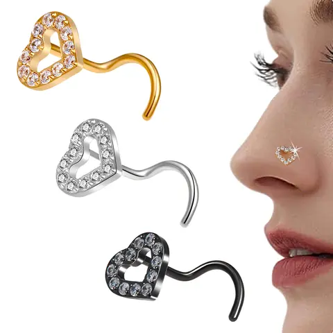 Women's 3PCS 0.8x7x6mm High Polish Mirror Shine Gold Heart-shaped Cubic Zirconia Nose Studs, Hypoallergenic 316L Surgical Stainless Steel Handmade C-Hook Nose Piercing Jewelry, Elegant Fashion Accessory