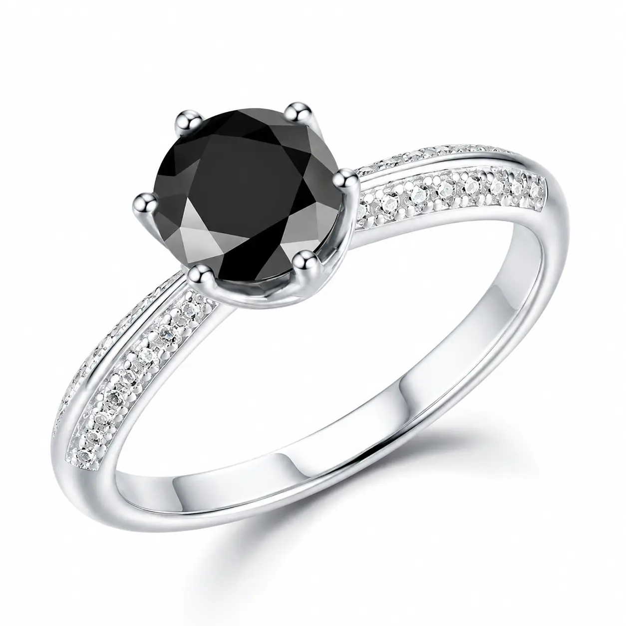 1CT 6.5mm Round Black Moissanite Ring, 925 Sterling Silver with 18K White Gold Plating, Pavé Accent Ring, Gift Box & Moissanite Report