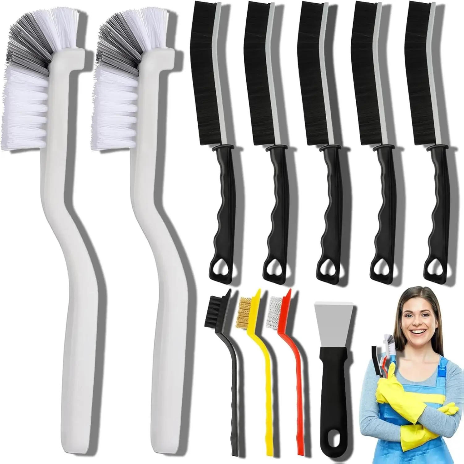 [New Deal] 11-Piece Hard Bristle Crevice Cleaning Brush Set, Multi-Purpose Home Care Supplies for Kitchen, Bathroom, Grout