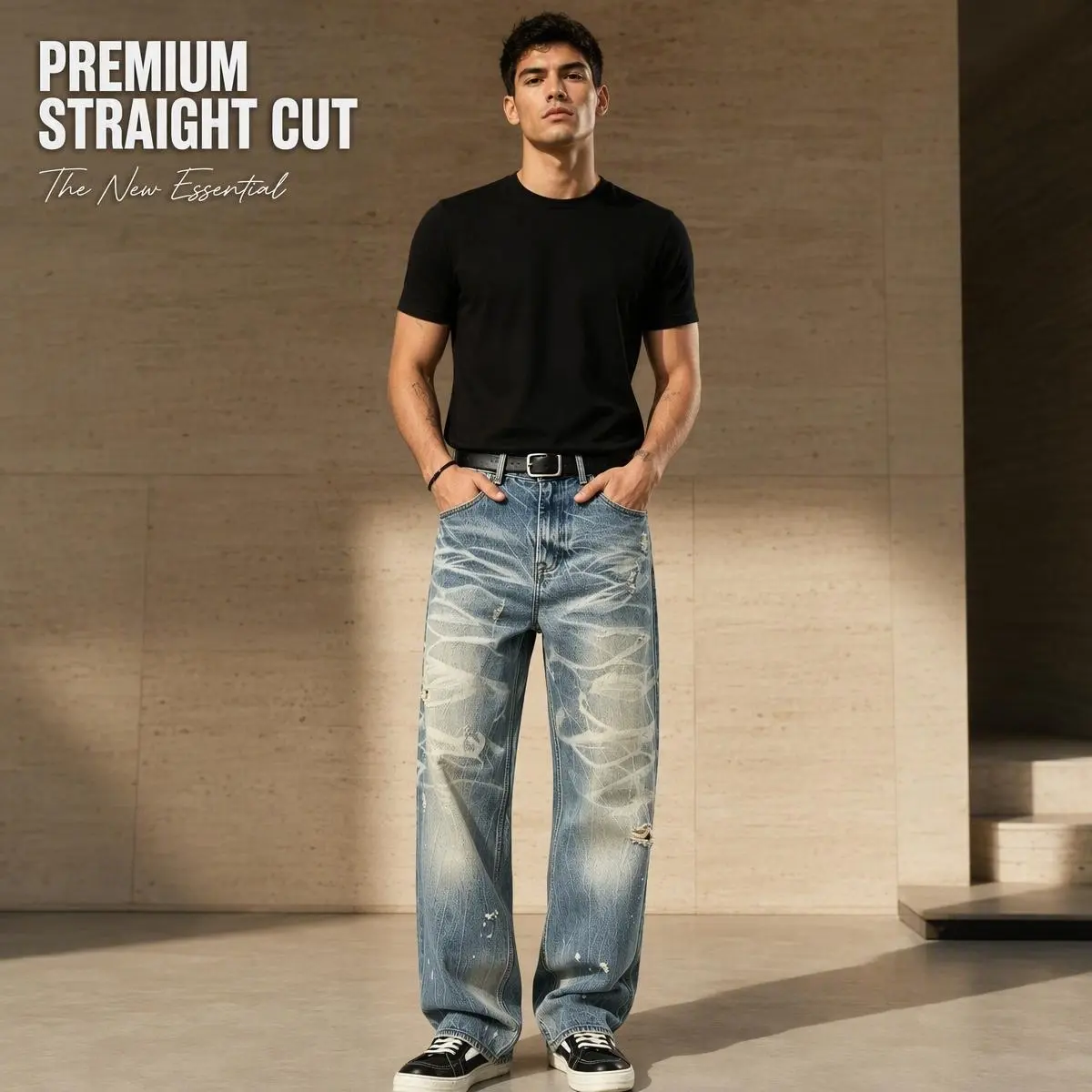JOJO | Men's Straight Leg Ripped Jeans, Premium Marble Washed Non‑Stretch Distressed Denim Pants Casual Daily Wear