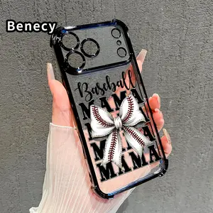 Four Corner Anti-Fall Baseball Mama Pattern Phone Case for iPhone 17 16 Pro Max 15 Plus 14 13 12 11 E Air Shockproof Transparent Electroplated Protective Cover