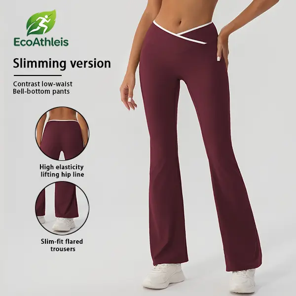 【EcoAthleis】 Slim-Design Cross-Waist Flare Yoga Pants Color-Block High-Waisted Leggings for Sports Leisure Ideal Daily Wear Commute Fall Winter  workout  set Seamless Waist Leggings Set