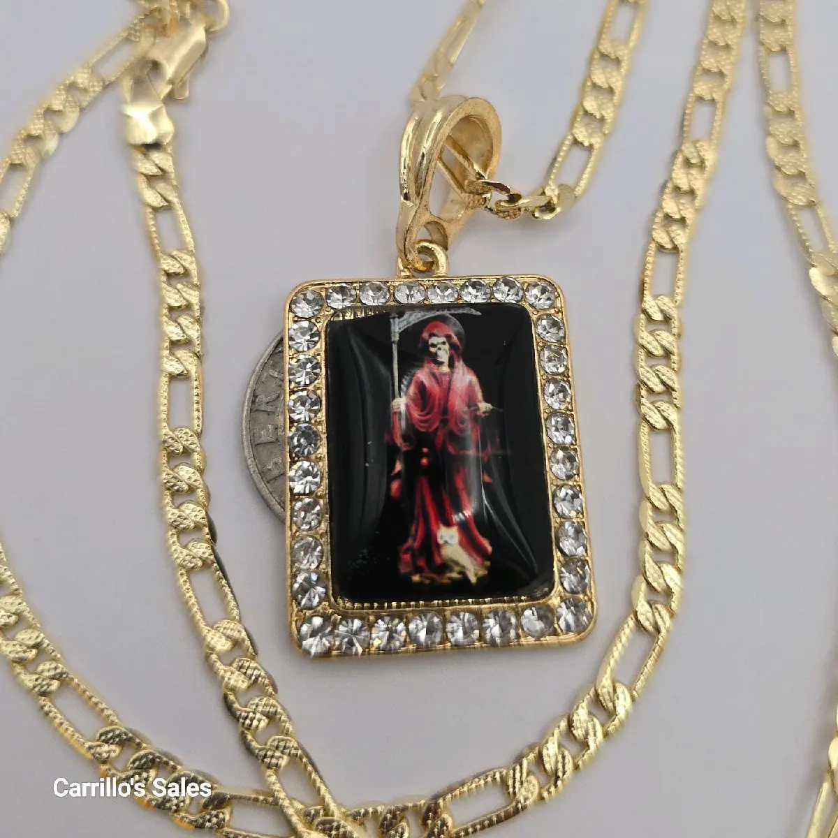 LA SANTA MUERTE fashion style clear stones red black  Gold-plated figaro chain style