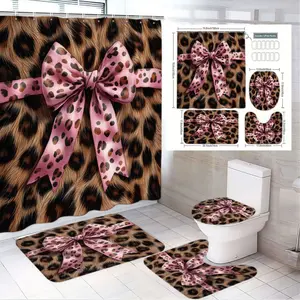 1/4pcs Leopard Print Bathroom Set with Pink Bow - Shower Curtain + Toilet Seat Cover + Bath Mat + Floor Mat - Cozy Home Decor for Girls Bedroom/Bathroom - Stylish & Feminine Design - Perfect Spring/Summer/Valentine’s Day Gift