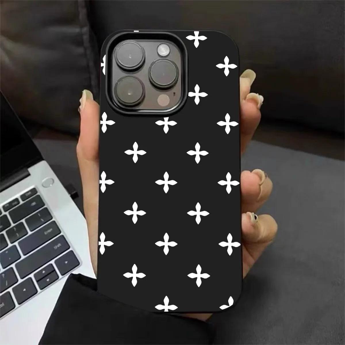Solid Black and White Full-Screen Cross Pattern Compatible with iPhone 17 16 15 14 13 Pro Max and Pro Plus Minimalist Premium-Feel Shockproof Couple's Phone Case