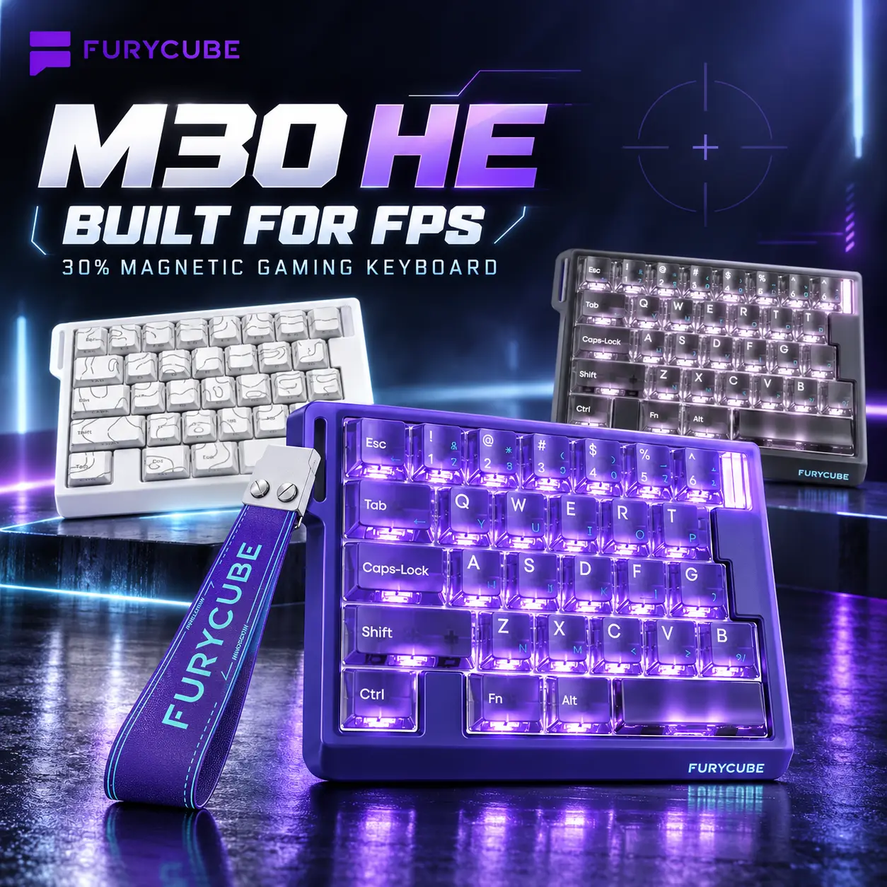 FURYCUBE M30 HE Series Magnetic Axis Mechanical Gaming Keyboard, 30% Layout Wired, Gateron Switch, Rapid Trigger RT 0.01 Extreme Response, Full RGB Backlight Effect, PBT Keycap Material, 8K Returns, Web Driver, for FPS Gamers, Ideal Gift