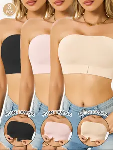 Women's 3-Pack Strapless Bra Set, Front Buckle Gathered, Anti-Slip, Seamless One-Piece, Off-Shoulder & Backless Design