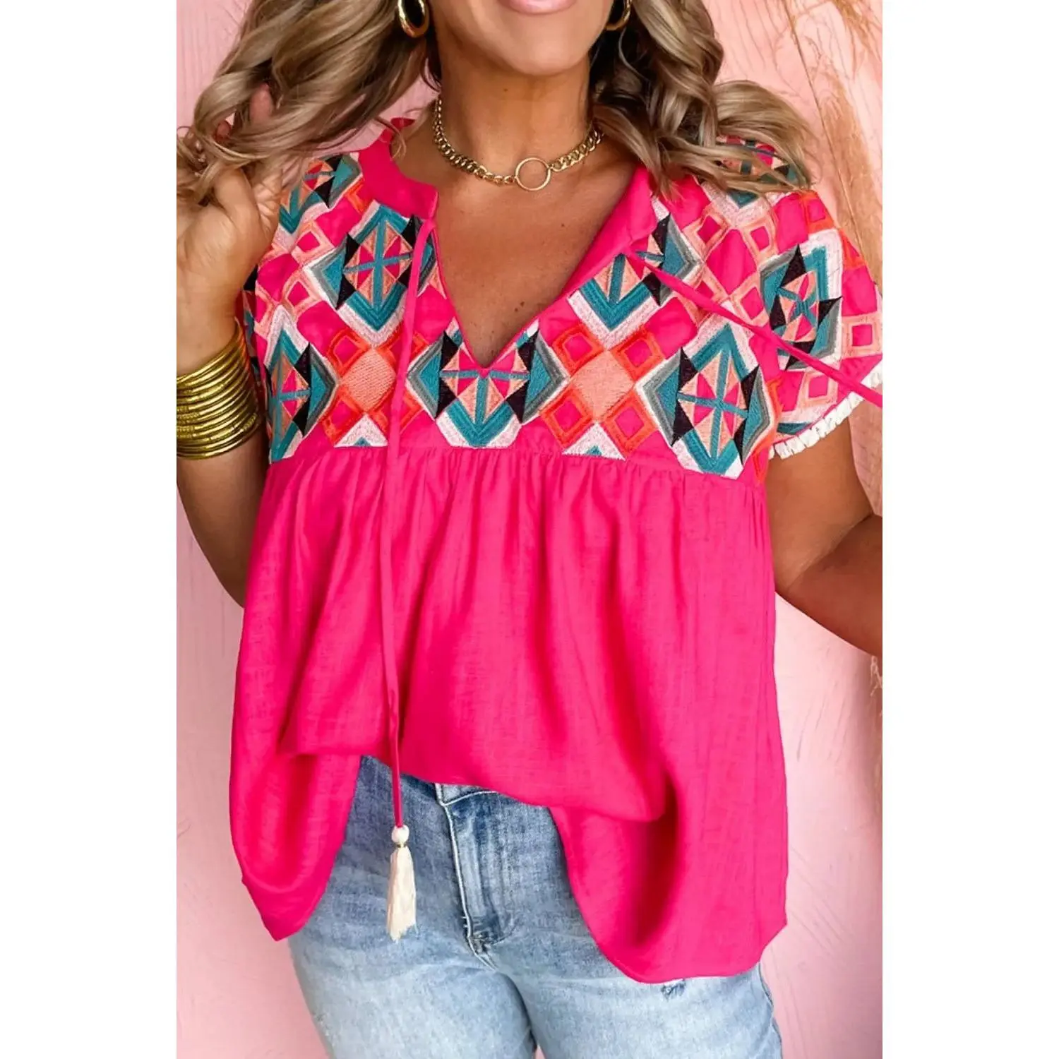 Geometric Embroidered Tassel Tie Neck Blouse
