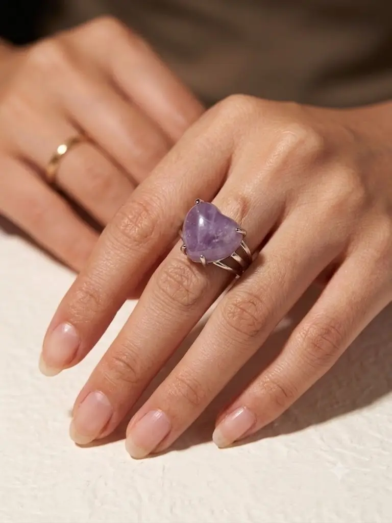 Women's Adjustable Silver Band Romantic Amethyst Heart Ring - Exquisite Trendy Fashion Coquette Aesthetic Stone Crystal Gemstone Ring, Ideal Gift, Stone Crystal Rings