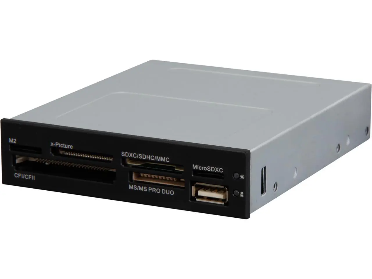 StarTech 35FCREADBK3 Supports CompactFlash type I/ II, SD/ miniSD/ microSD/ SDHC/ SDXC, MMC/ RS-MMC/ HS-MMC/ MMCmobile/ MMCplus/ MMCmicro/ HC-MMC, MemoryStick, and xD Picture card. 22-in-1 Card Reader