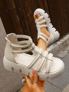 Women's Summer Casual Thick Sole Sandals, Cross Strap Beach Shoes, Platform Flats, PU Leather, Rubber Sole, Plus Size