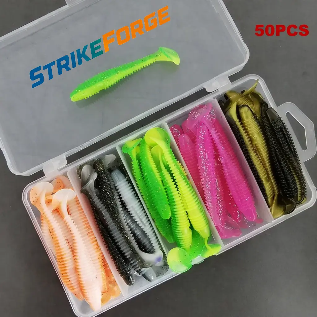 Threaded Soft Fishing Lure, 50pcs Artificial Bait With T Tail, Paddle Tail Swimbait for Trout, Catfish, Salmon, Freshwater and Saltwater Fishing Jig, Outdoor Fishing Accessories, Fishing Lures Kit