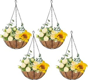 4pcs 12 Inch Hanging Planters for Outdoor Plants with Coco Liner,Black Metalhanging Baskets Hanging Pots for Outside Garden Decoration