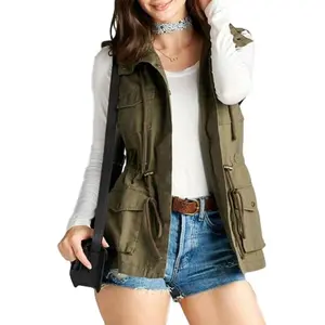 Women's Sleeveless Hooded Cargo Utility Vest, Cotton Material - Tops Adjustable Army