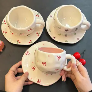 Handmade Irregular Ceramic Cup Set, Japanese Retro High-Quality Coffee Mug, Afternoon Tea Flower Tea Cup, Office Latte Cup Set, Birthday Gift