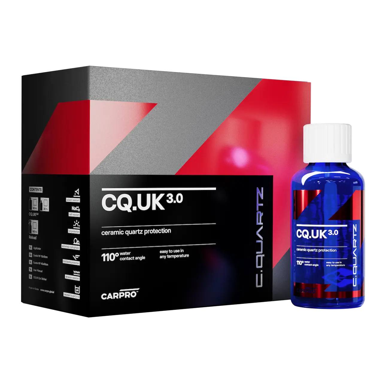 CQUARTZ UK 3.0 Ceramic Protection Kit - 50ml Automotive Paint Care Solution, Hardest Ultra-Gloss Glass-Like Formula, DIY Apply, UV Protection, Fade Resistant, 2+ year dur. Car Maintenance Support, 2 Years+, Hydrophobic & Oleophobic, Orange Suede Leveling,