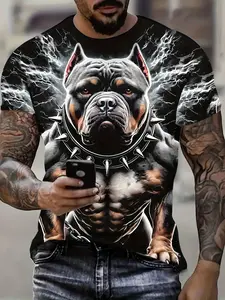 Men's 3D Large Dog Pattern T-Shirt - Black and White Contrast Printing, Breathable Summer Short Sleeve Top, Casual Fit Outdoor Streetwear Street Style | Fine Printed Dog Shirt
