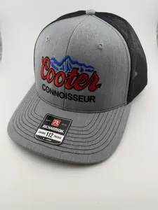 Cooter Connoisseur Richardson 112 Trucker Hat - Charcoal Front Black Mesh Back Snapback with Bold Red Blue Black Embroidery, Unisex Embroidered Hat Premium Streetwear Hat