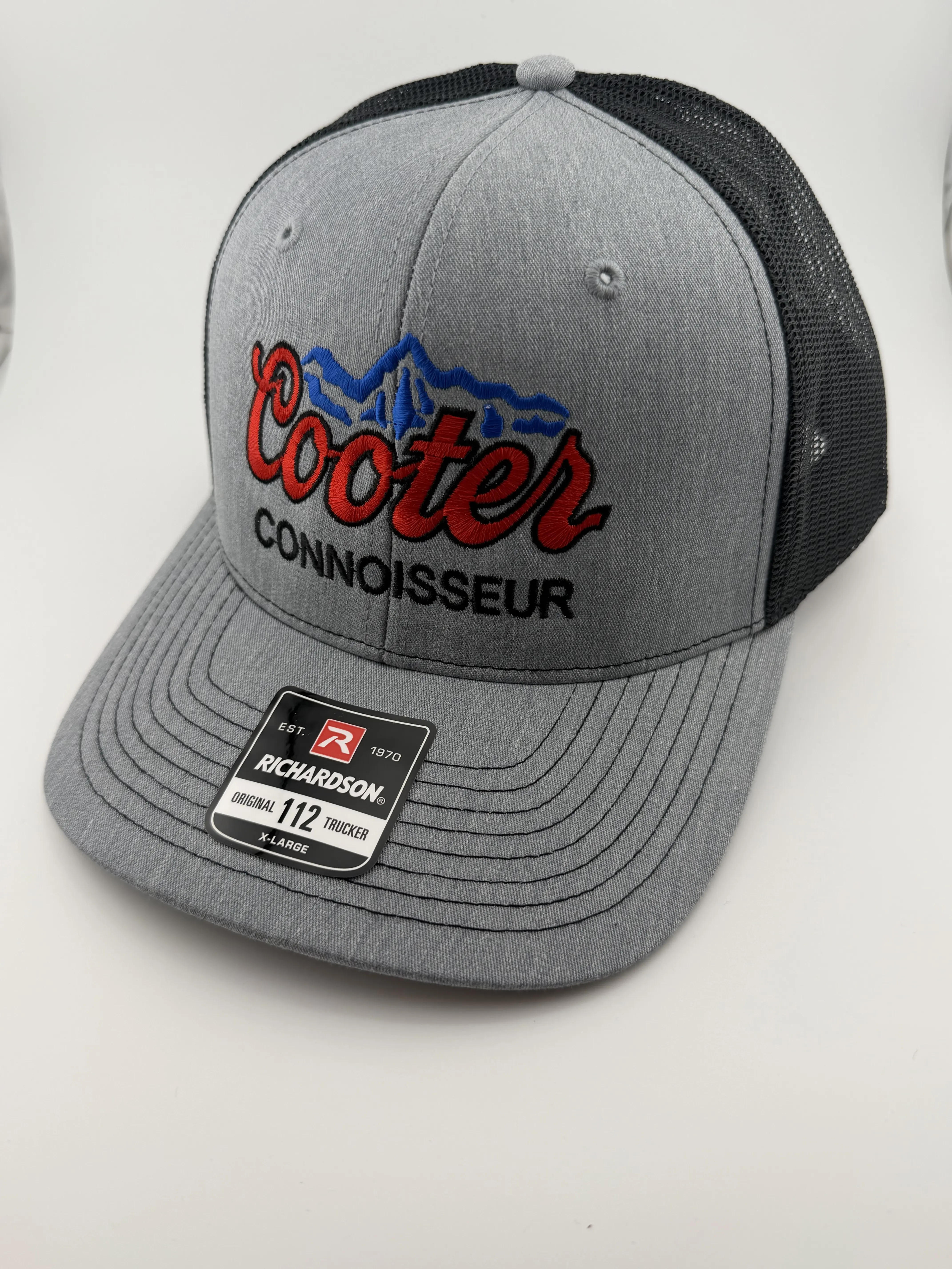 Cooter Connoisseur Richardson 112 Trucker Hat - Charcoal Front Black Mesh Back Snapback with Bold Red Blue Black Embroidery, Unisex Embroidered Hat Premium Streetwear Hat