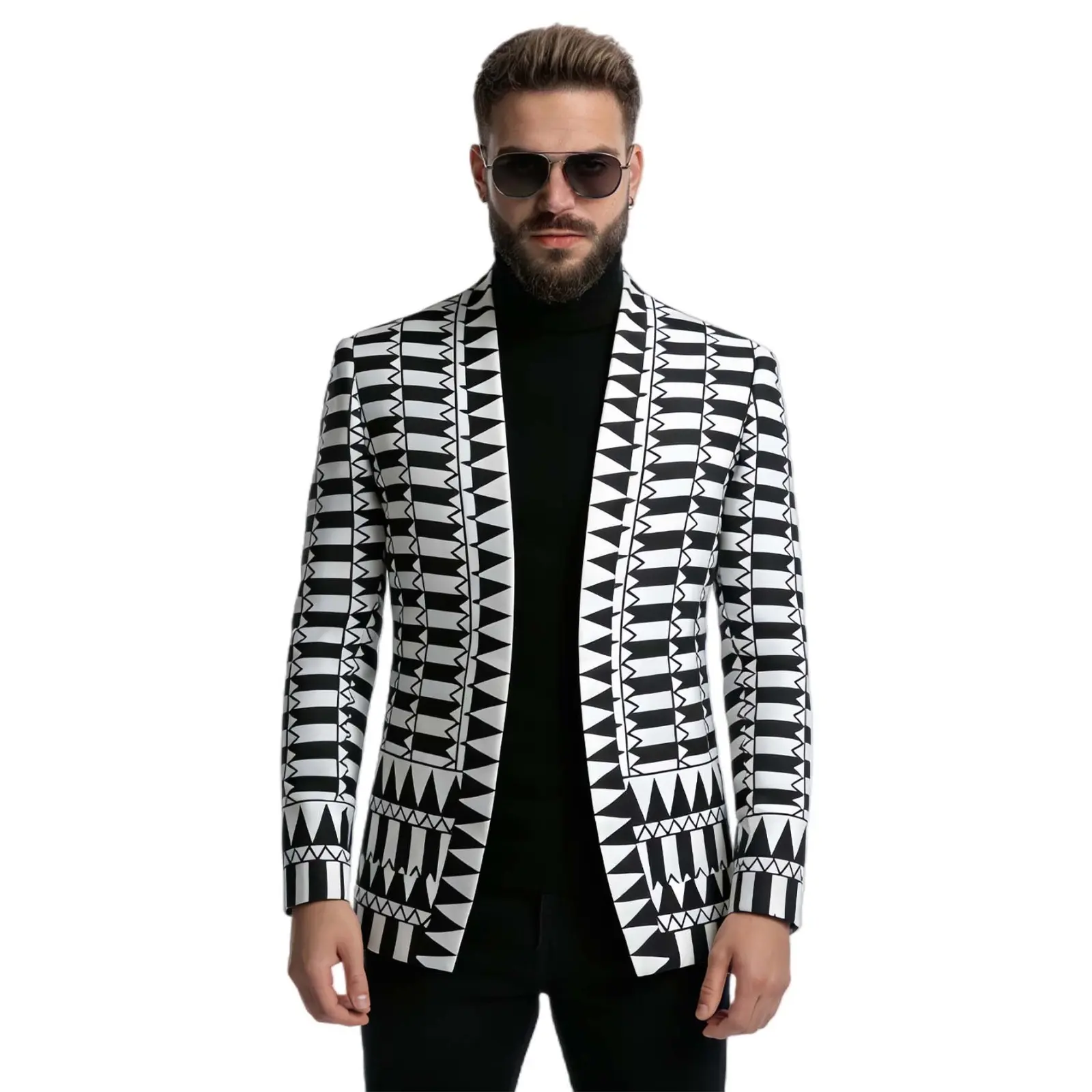 Men's Paisley Jacquard Print Blazer - Soft, Drapey, Elegant Textured Polyester-Viscose Dinner Jacket with Stand-Up Collar, Beaded Trim, Pockets for Weddings, Parties