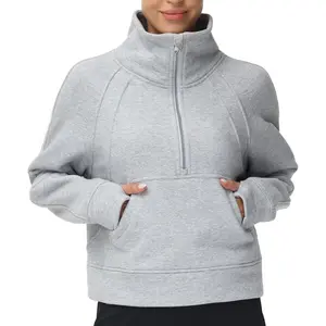 Womens' Half Zip Pullover Fleece Stand Collar Crop Sweatshirt with Pockets Thumb HoleGift