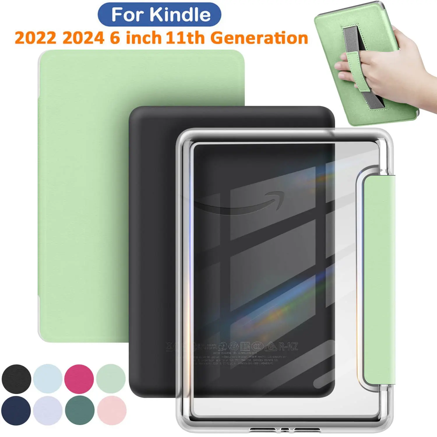 Durable Handle Case for Kindle 2024 2022 11th Generation 6Inch Model No. RS23CV C2V2L3 6'' 11 Gen Accessories Protective Pouch Clear Back with Auto Sleep/Wake Magnetic Acrylic Cover Tablet Protective Cover Tablet Covers