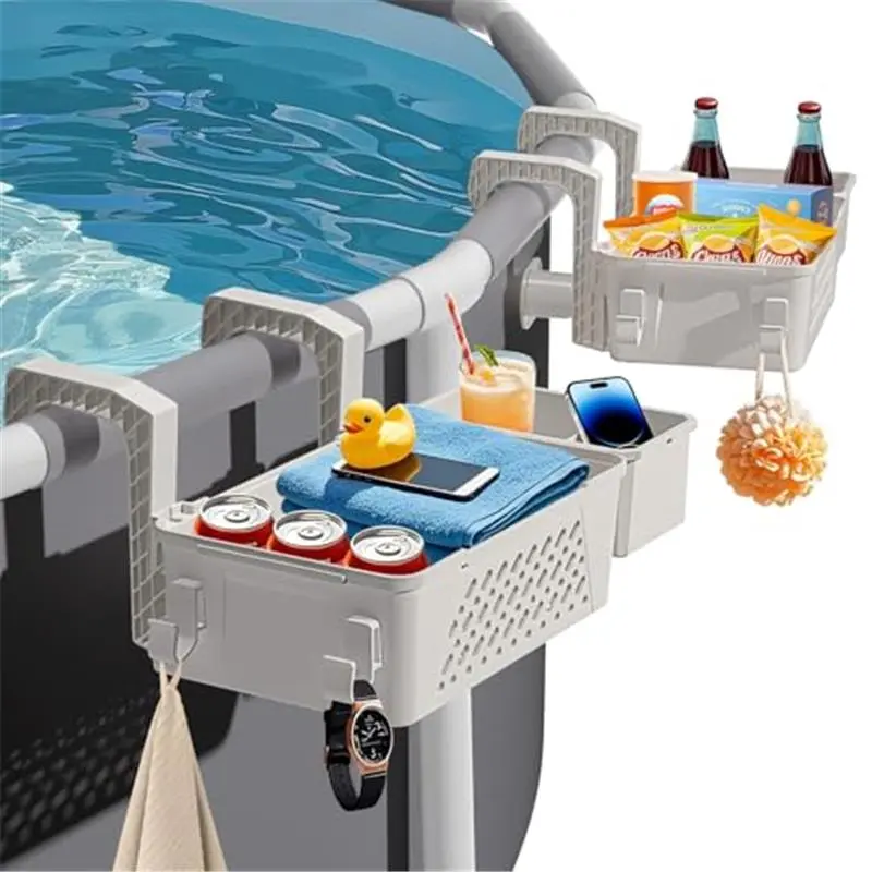Poolside Storage Basket 2 Pack - Above Ground Pool Accessories, Swimming Pool Storage Baskets with Cup Holders,Fits 3” or Smaller Top Rails,Versatile Organizer for Pool Toys,Towels,Beverages (Beige)