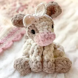 Handmade Crochet Baby Cow Lovey - Mini Highland Cow Plush, Cottagecore Snuggler, DIY Knitting Crochet Yarn Craft Baby Gift