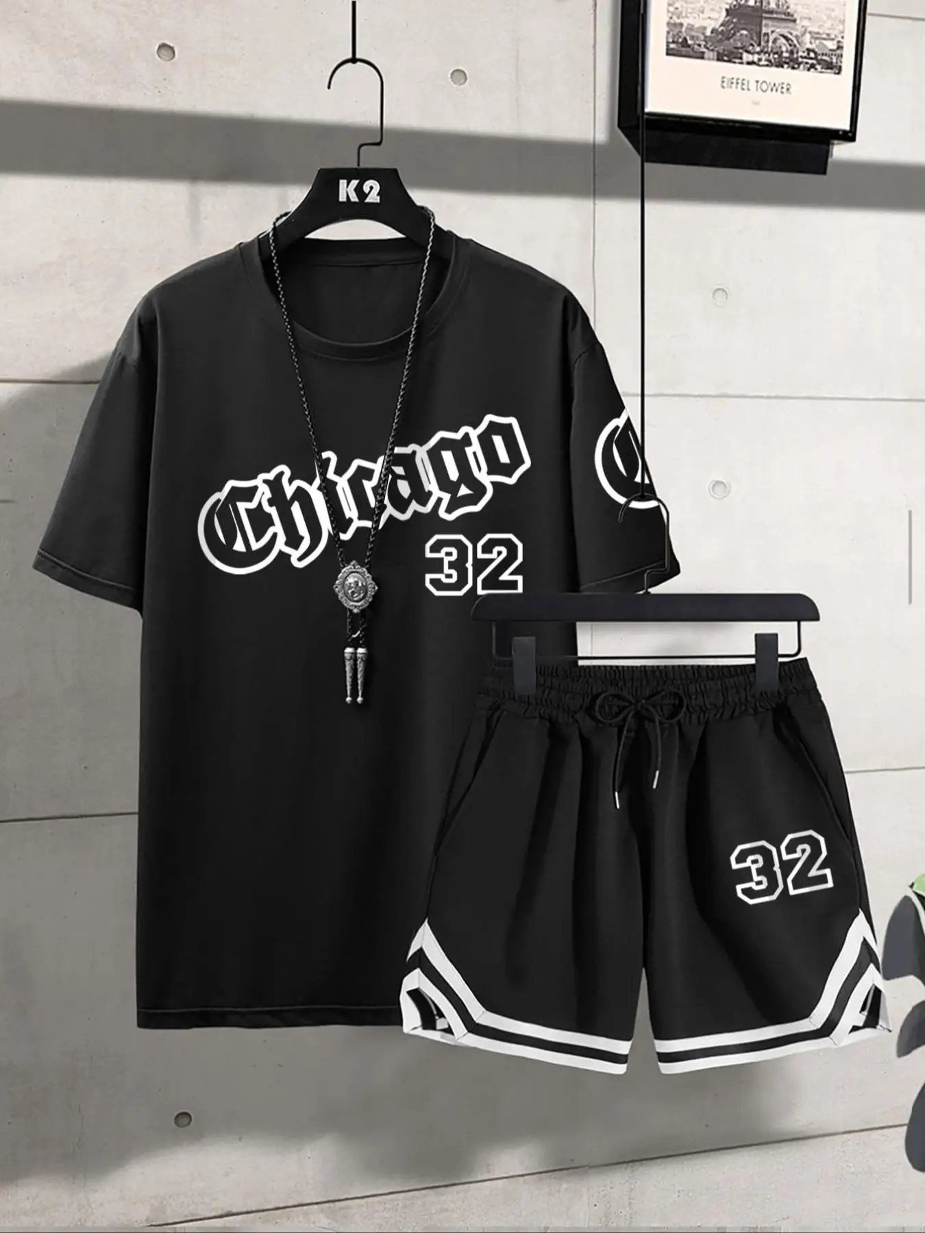 Men's Letter Print Round Neck Tee & Pocket Drawstring Shorts Set, Regular Fit Crew Neck Short Sleeve T-shirt & Elastic Waist Track Shorts, National Da