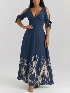 LikeMychoice Women's V Neck Ruched Waist Maxi Dress Navy Floral Print Cold Shoulder Bohemian Style for Casual Wear - Womenswear, Fit Elegant Flowy