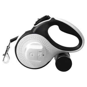 Retractable Dog Leash with LED Light & Poop Bag Holder, 5m Automatic Dog Leash with One-Button Brake & Lock, No-Tangle Reflective Retracting Leash for Small to Medium Dogs, Ergonomic Anti-Slip Handle for Day & Night Walks