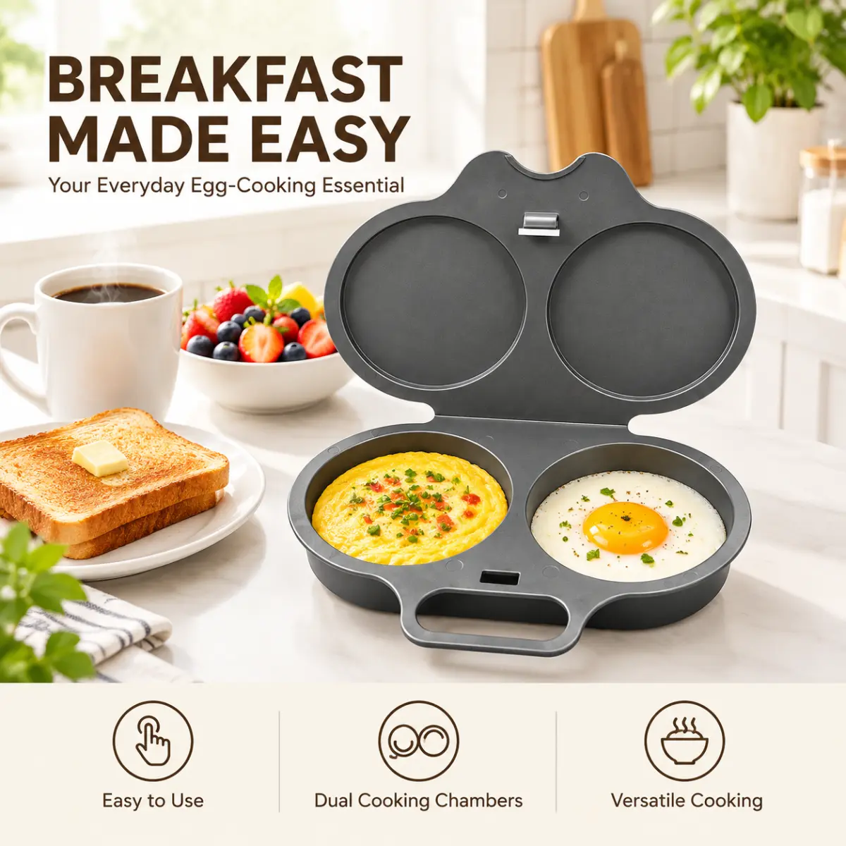 Dark Gray 2-Cup Round Non-Stick Microwave Omelette Maker - Quick Prep, Perfect Shape, Healthy Cooking, Dishwasher-Safe Kitchen Egg Cooker Gadget, Reusable Egg Cooking Mold for Quick Breakfasts