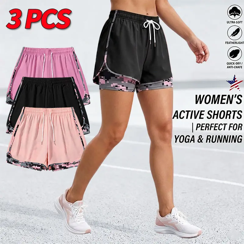 3-pack women’s athletic shorts made from quick-dry, lightweight, breathable fabric; elastic waistband with adjustable drawstring; form-fitting design with inner pockets; unrestricted movement—ideal for the gym, running, and everyday casual wear.
